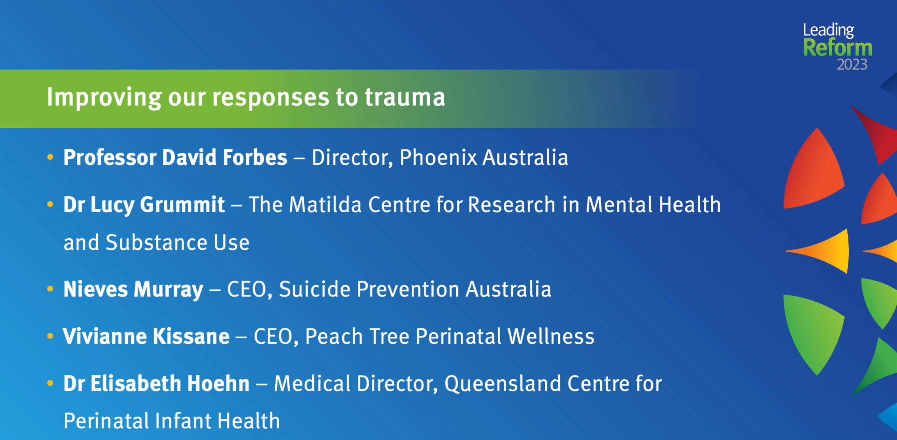 Slide showing panel members with play video text